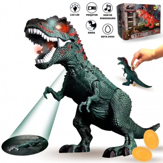 Dinossauro com som, luz, projeção e bota ovo